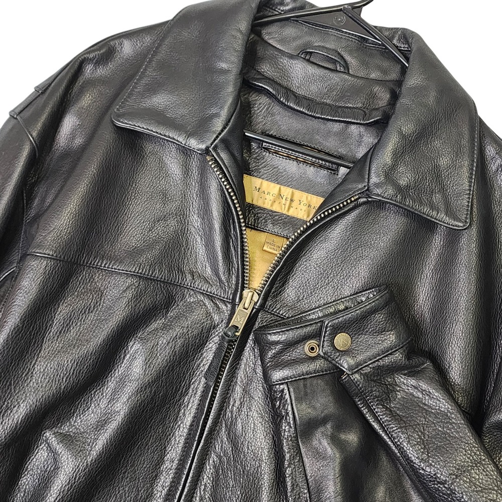 Marc New York Andrew Marc Mens Large Black Lamb Leather Bomber Jacket Full Zip